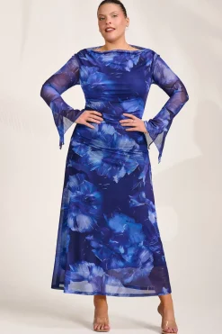 Slash Neck Mesh Maxi Dress, Blue Abstract