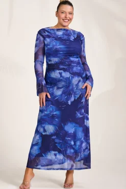 Slash Neck Mesh Maxi Dress, Blue Abstract