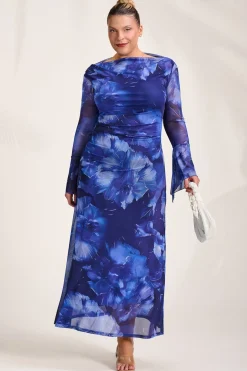 Slash Neck Mesh Maxi Dress, Blue Abstract