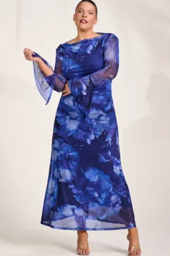 Slash Neck Mesh Maxi Dress, Blue Abstract