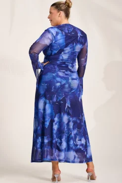 Slash Neck Mesh Maxi Dress, Blue Abstract