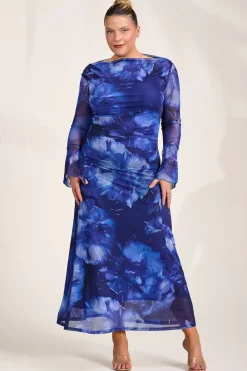 Slash Neck Mesh Maxi Dress, Blue Abstract