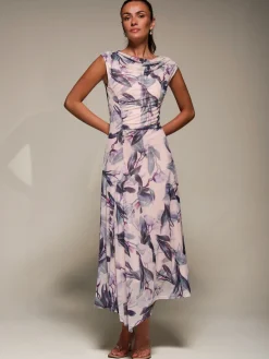 Slash Neck Ruched Mesh Maxi Dress, Beige Floral