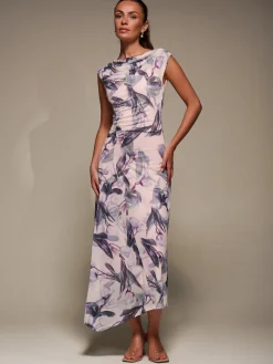 Slash Neck Ruched Mesh Maxi Dress, Beige Floral