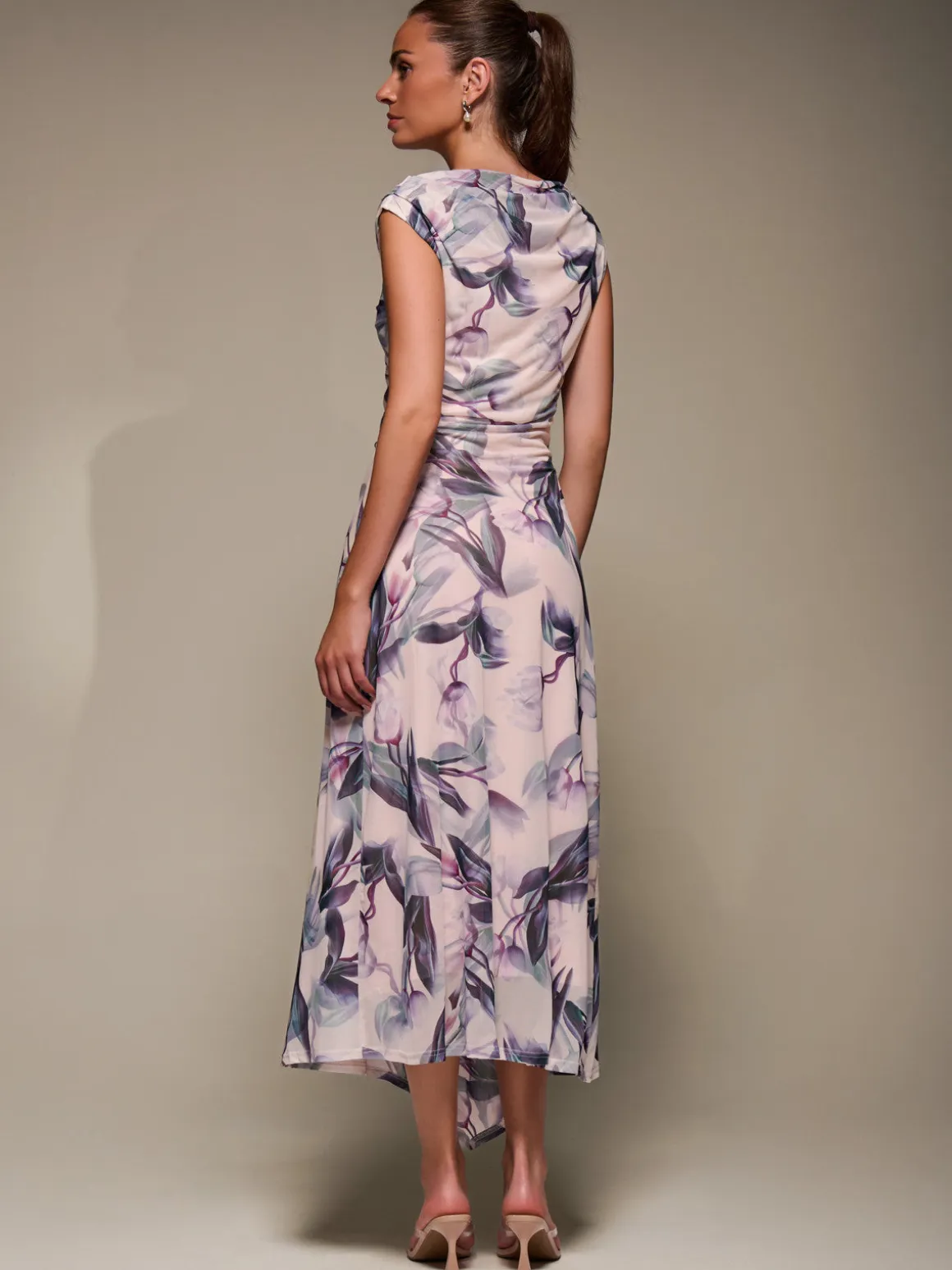 Slash Neck Ruched Mesh Maxi Dress, Beige Floral