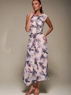 Slash Neck Ruched Mesh Maxi Dress, Beige Floral
