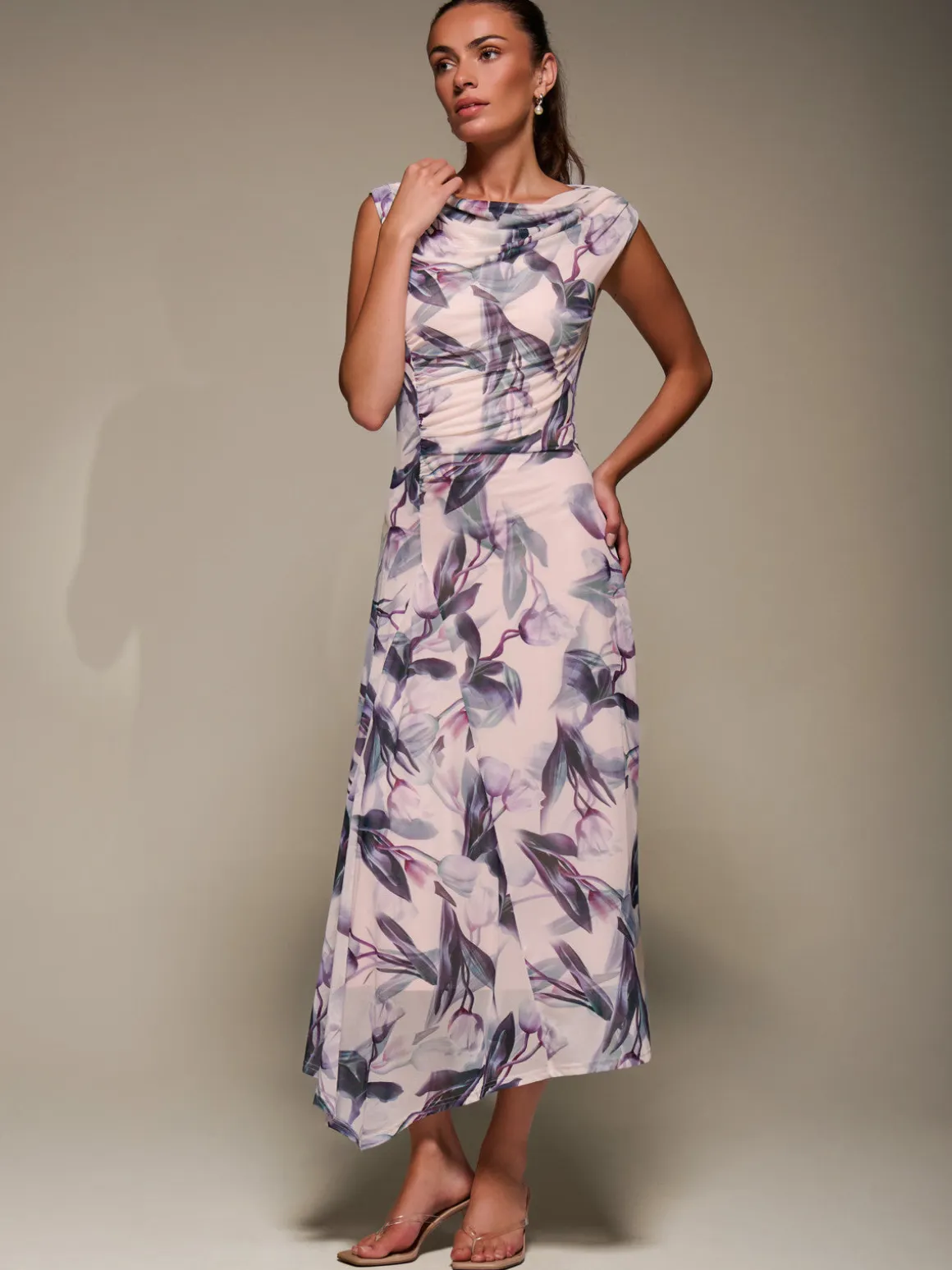 Slash Neck Ruched Mesh Maxi Dress, Beige Floral