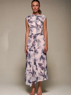 Slash Neck Ruched Mesh Maxi Dress, Beige Floral