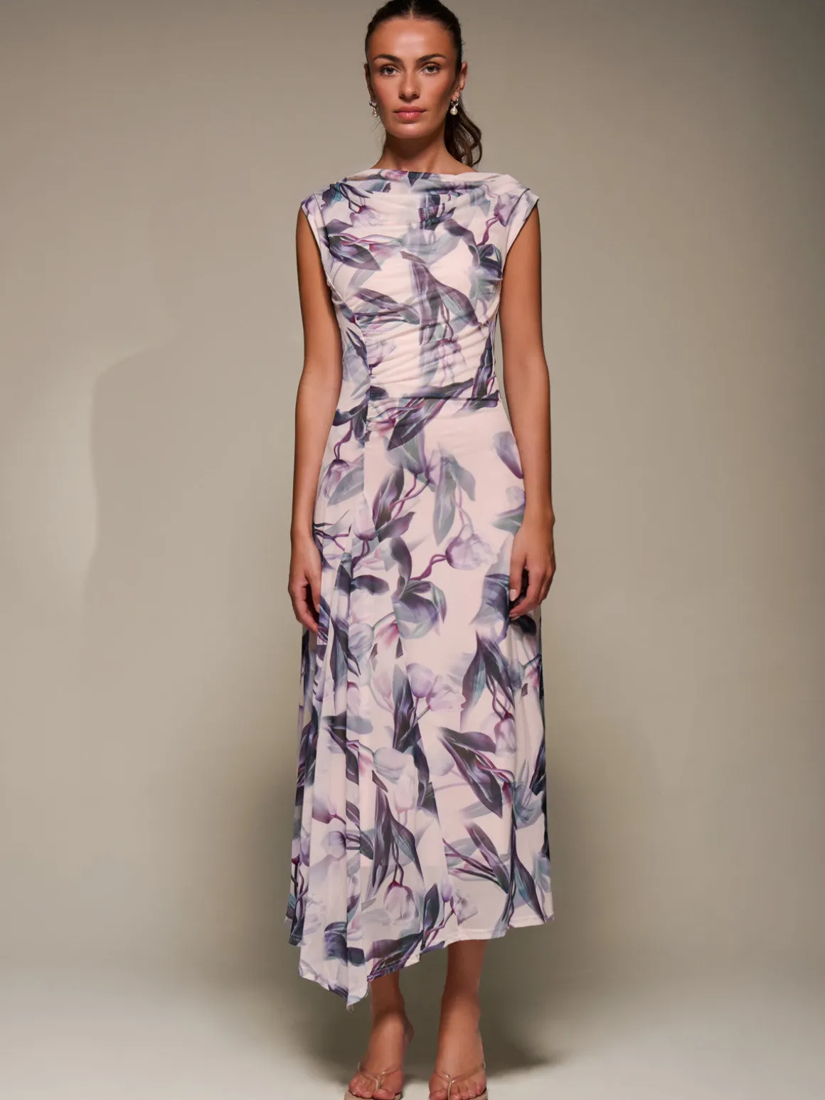 Slash Neck Ruched Mesh Maxi Dress, Beige Floral