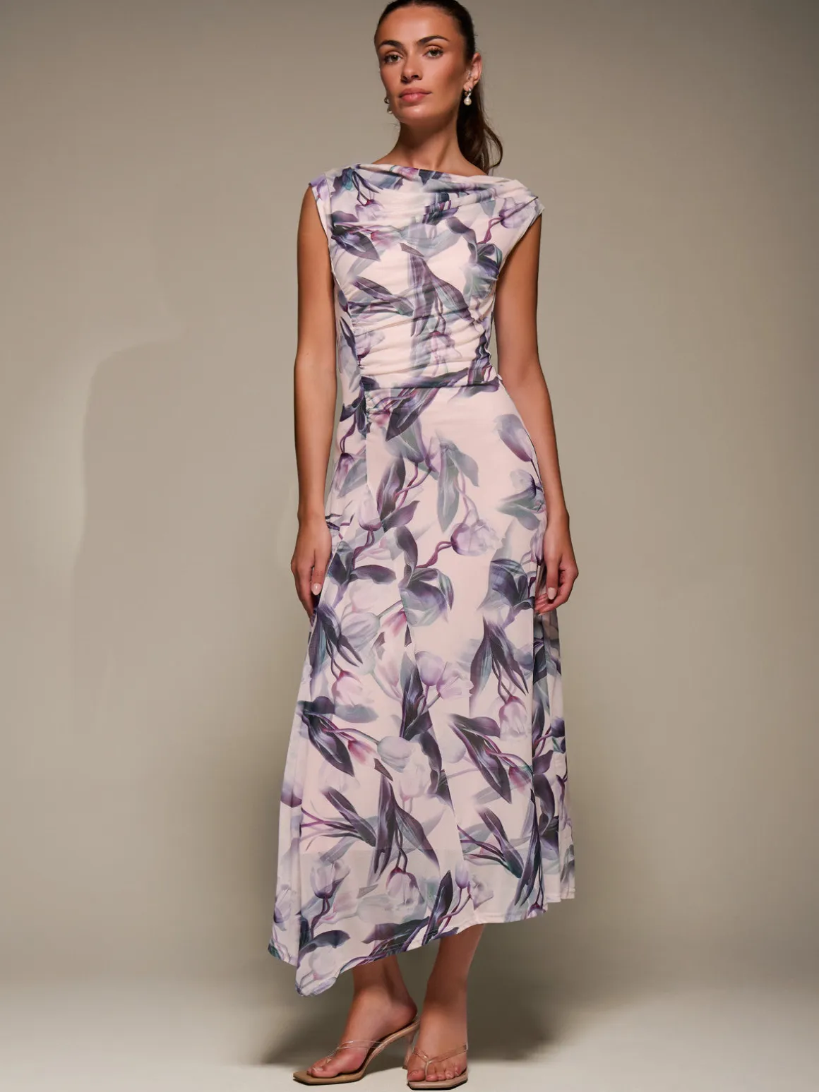Slash Neck Ruched Mesh Maxi Dress, Beige Floral