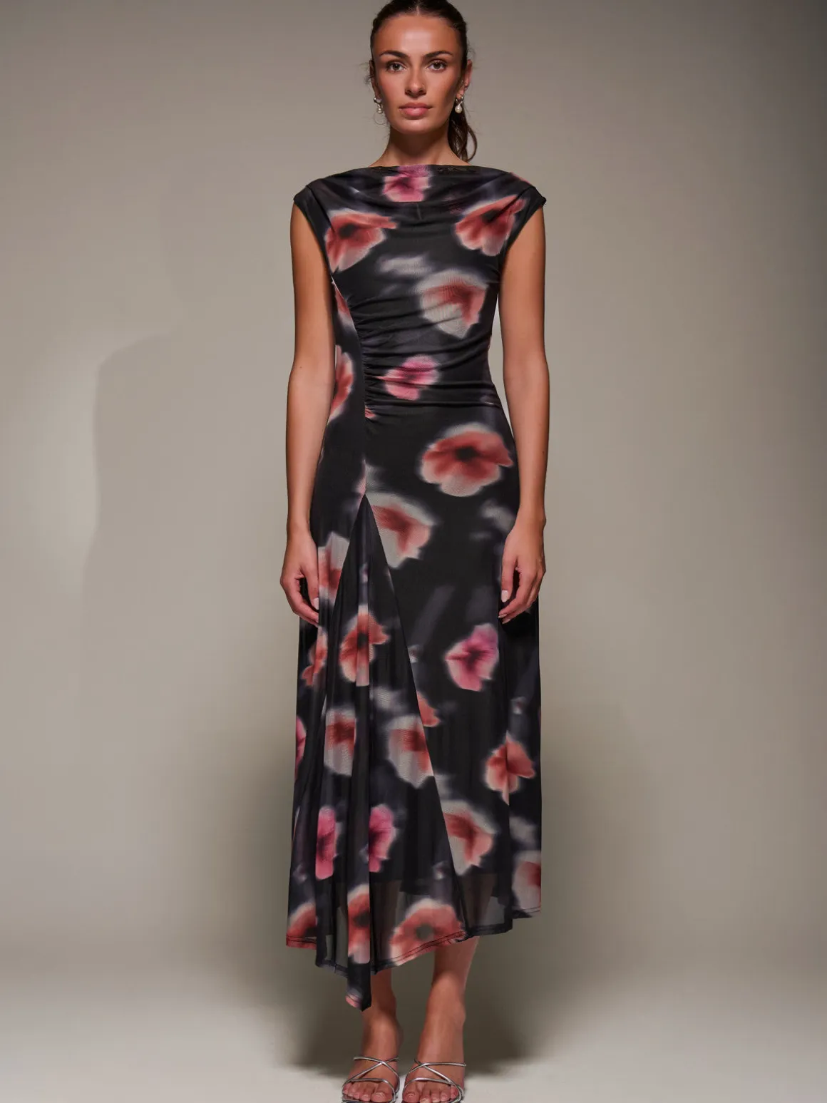 Slash Neck Ruched Mesh Maxi Dress, Black Floral