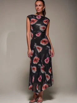 Slash Neck Ruched Mesh Maxi Dress, Black Floral