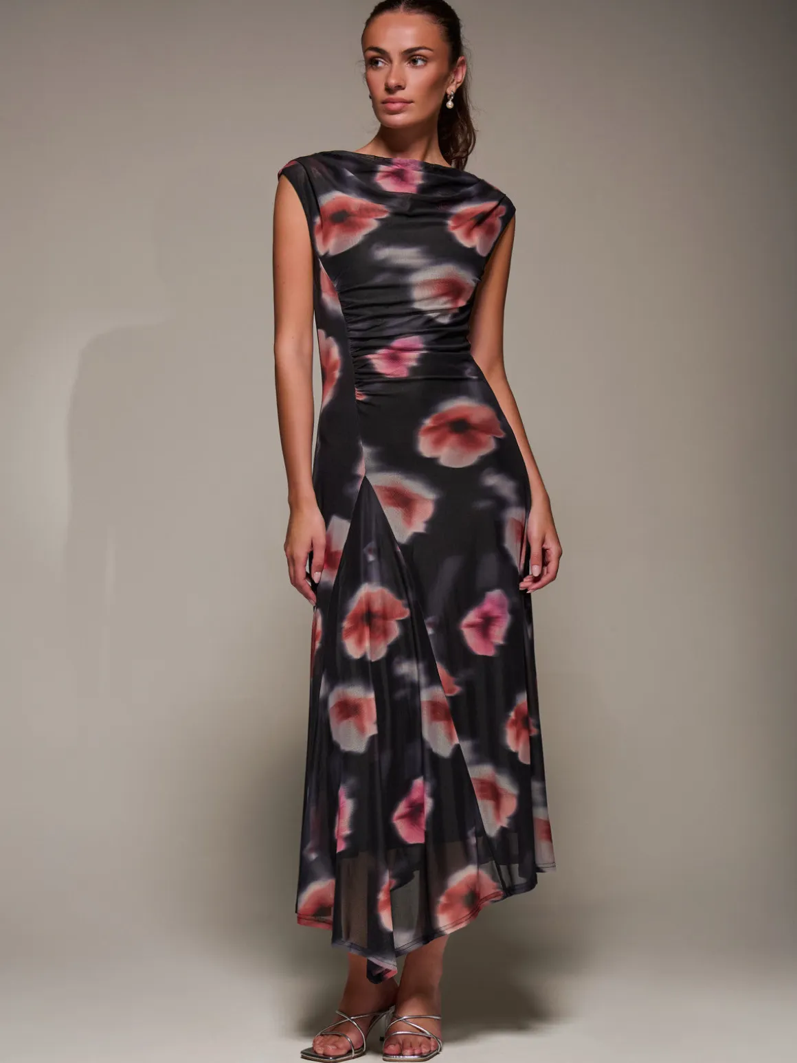 Slash Neck Ruched Mesh Maxi Dress, Black Floral