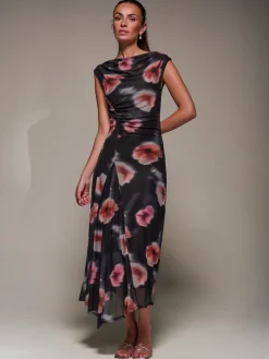 Slash Neck Ruched Mesh Maxi Dress, Black Floral