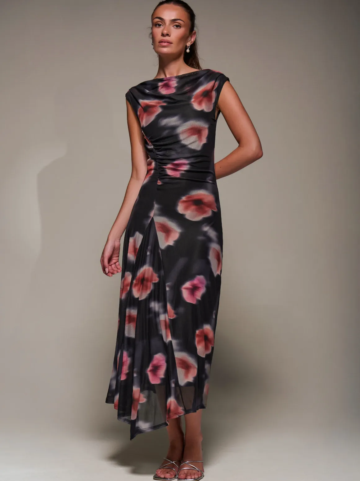 Slash Neck Ruched Mesh Maxi Dress, Black Floral