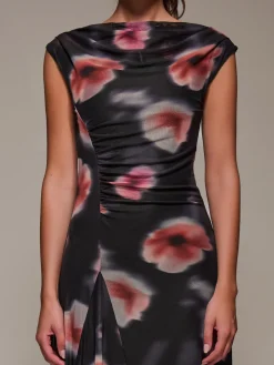 Slash Neck Ruched Mesh Maxi Dress, Black Floral