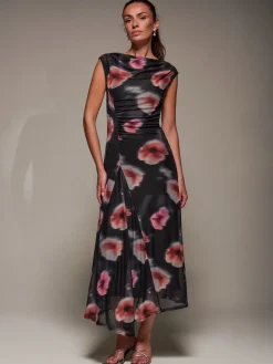 Slash Neck Ruched Mesh Maxi Dress, Black Floral