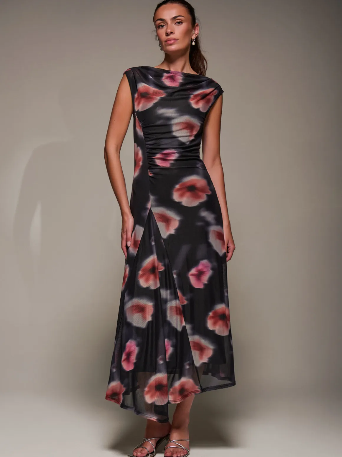 Slash Neck Ruched Mesh Maxi Dress, Black Floral
