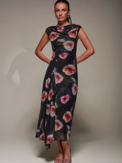 Slash Neck Ruched Mesh Maxi Dress, Black Floral