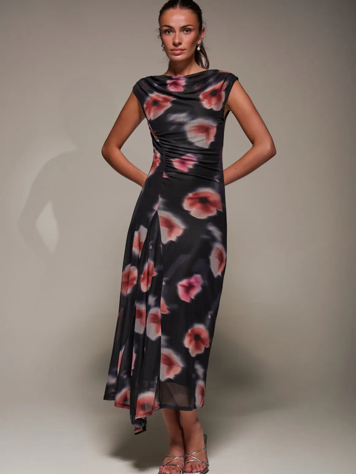 Slash Neck Ruched Mesh Maxi Dress, Black Floral