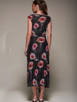 Slash Neck Ruched Mesh Maxi Dress, Black Floral