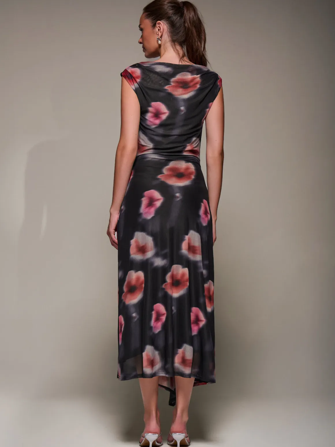 Slash Neck Ruched Mesh Maxi Dress, Black Floral