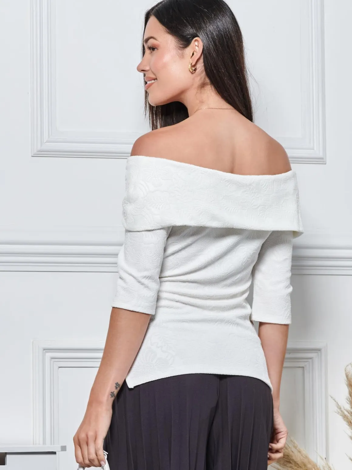 3/4 Sleeve Bardot Neck Top, White