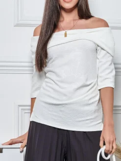 3/4 Sleeve Bardot Neck Top, White