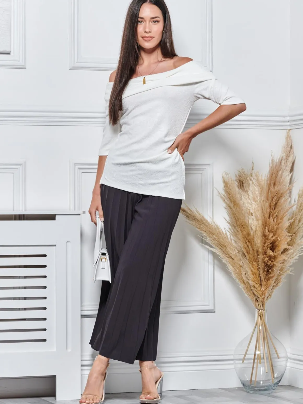 3/4 Sleeve Bardot Neck Top, White