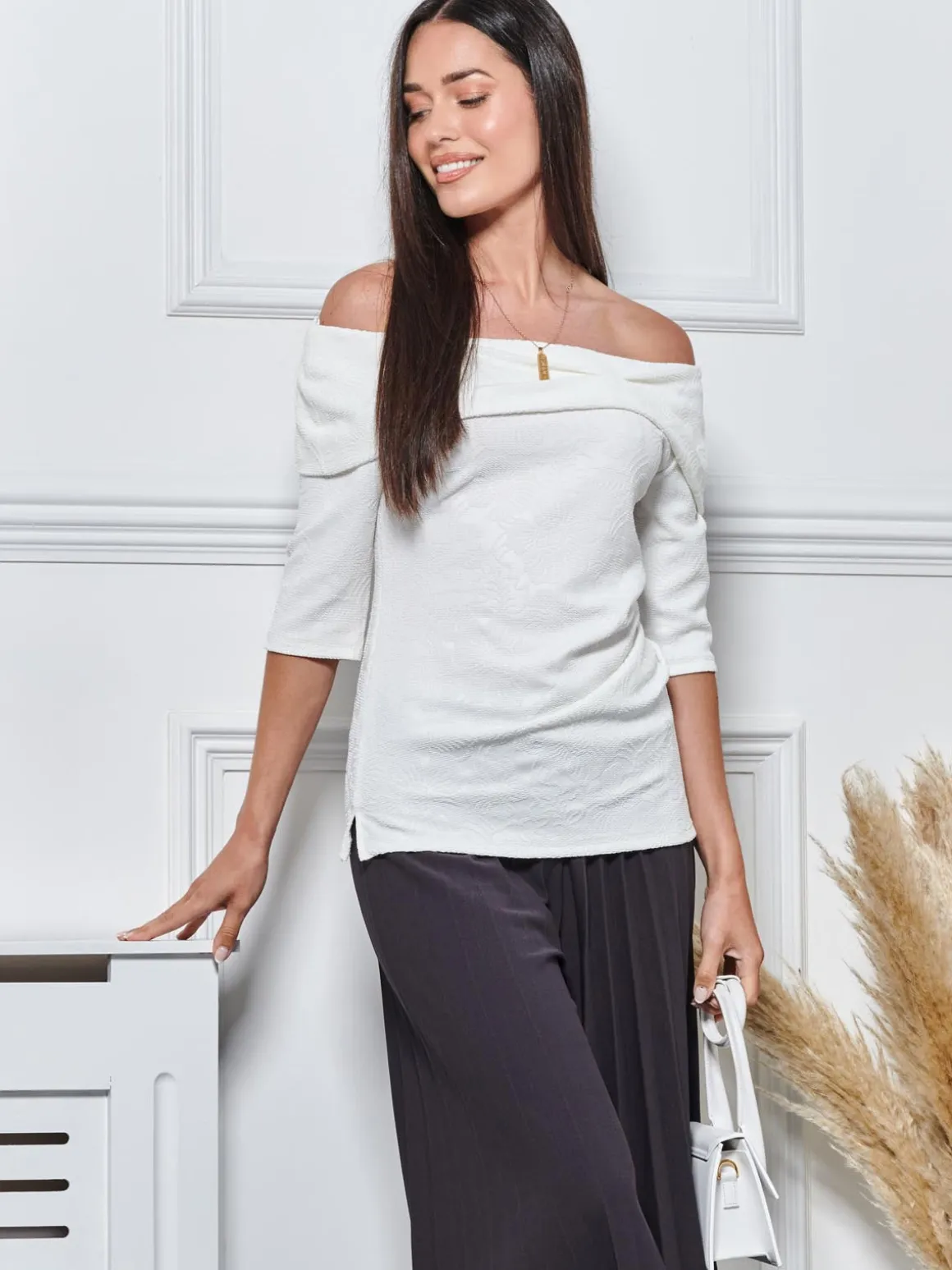3/4 Sleeve Bardot Neck Top, White