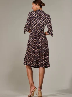 ¾ Sleeve Button Up Midi Dress, Navy Pattern
