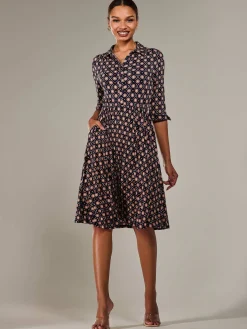 ¾ Sleeve Button Up Midi Dress, Navy Pattern