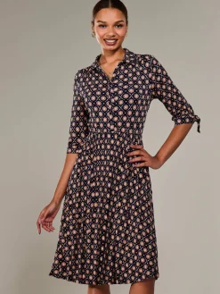 ¾ Sleeve Button Up Midi Dress, Navy Pattern