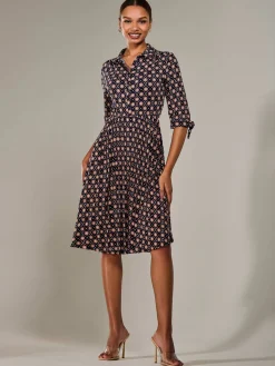 ¾ Sleeve Button Up Midi Dress, Navy Pattern