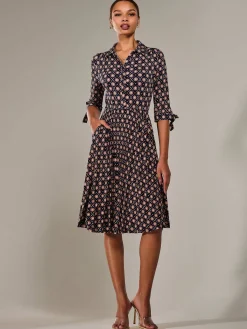 ¾ Sleeve Button Up Midi Dress, Navy Pattern