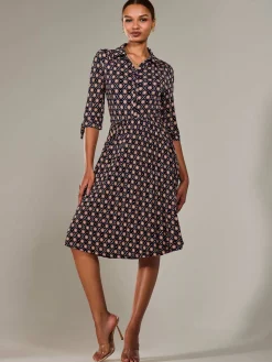 ¾ Sleeve Button Up Midi Dress, Navy Pattern