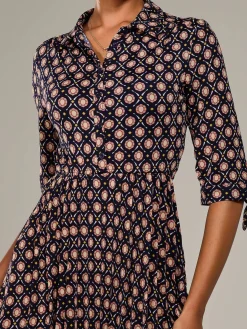 ¾ Sleeve Button Up Midi Dress, Navy Pattern