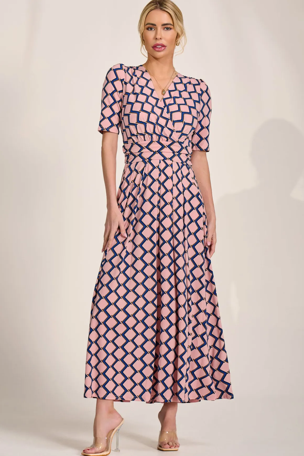 Sleeved Jersey Maxi Dress, Pink Geo