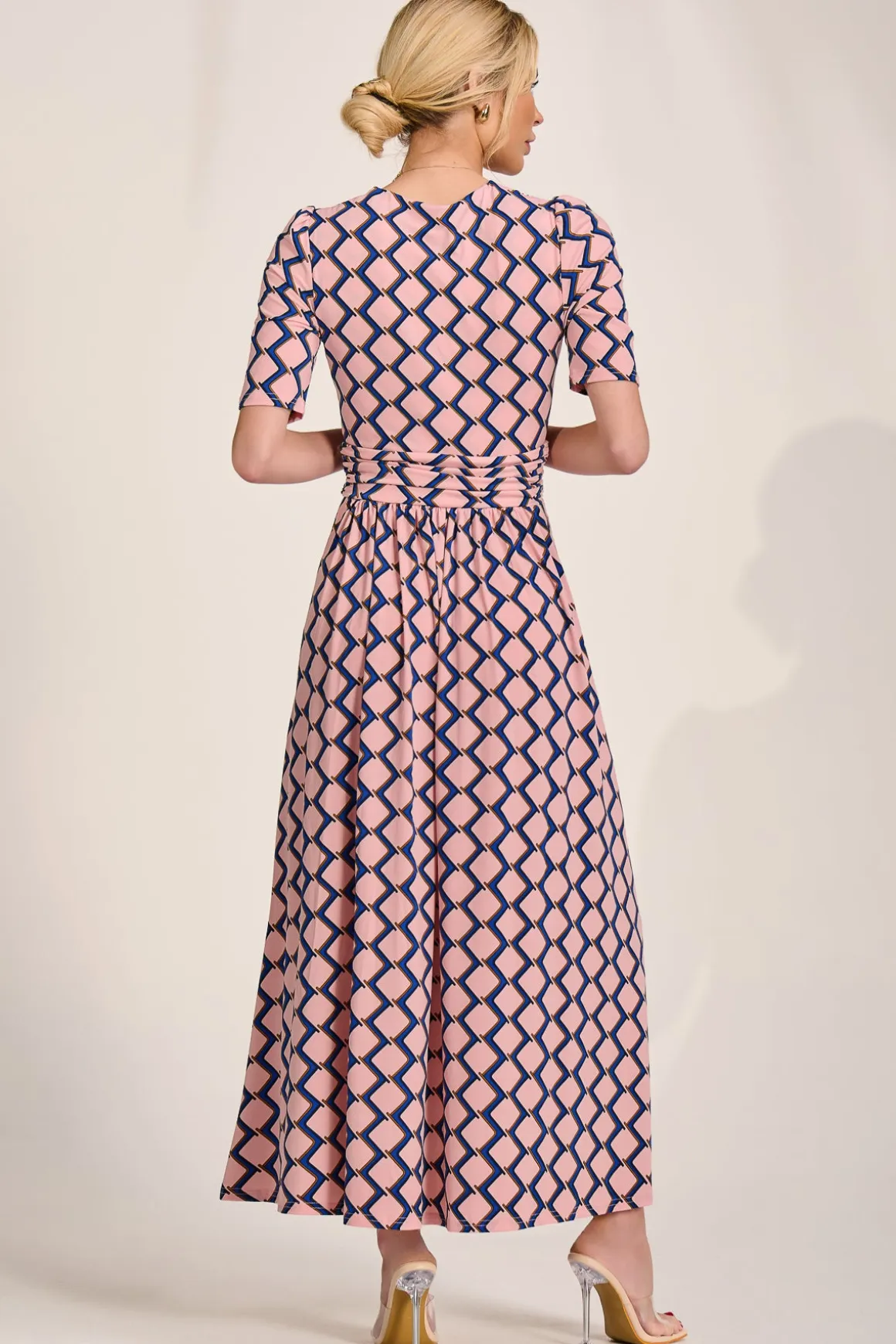Sleeved Jersey Maxi Dress, Pink Geo