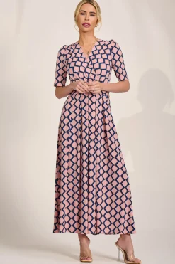 Sleeved Jersey Maxi Dress, Pink Geo