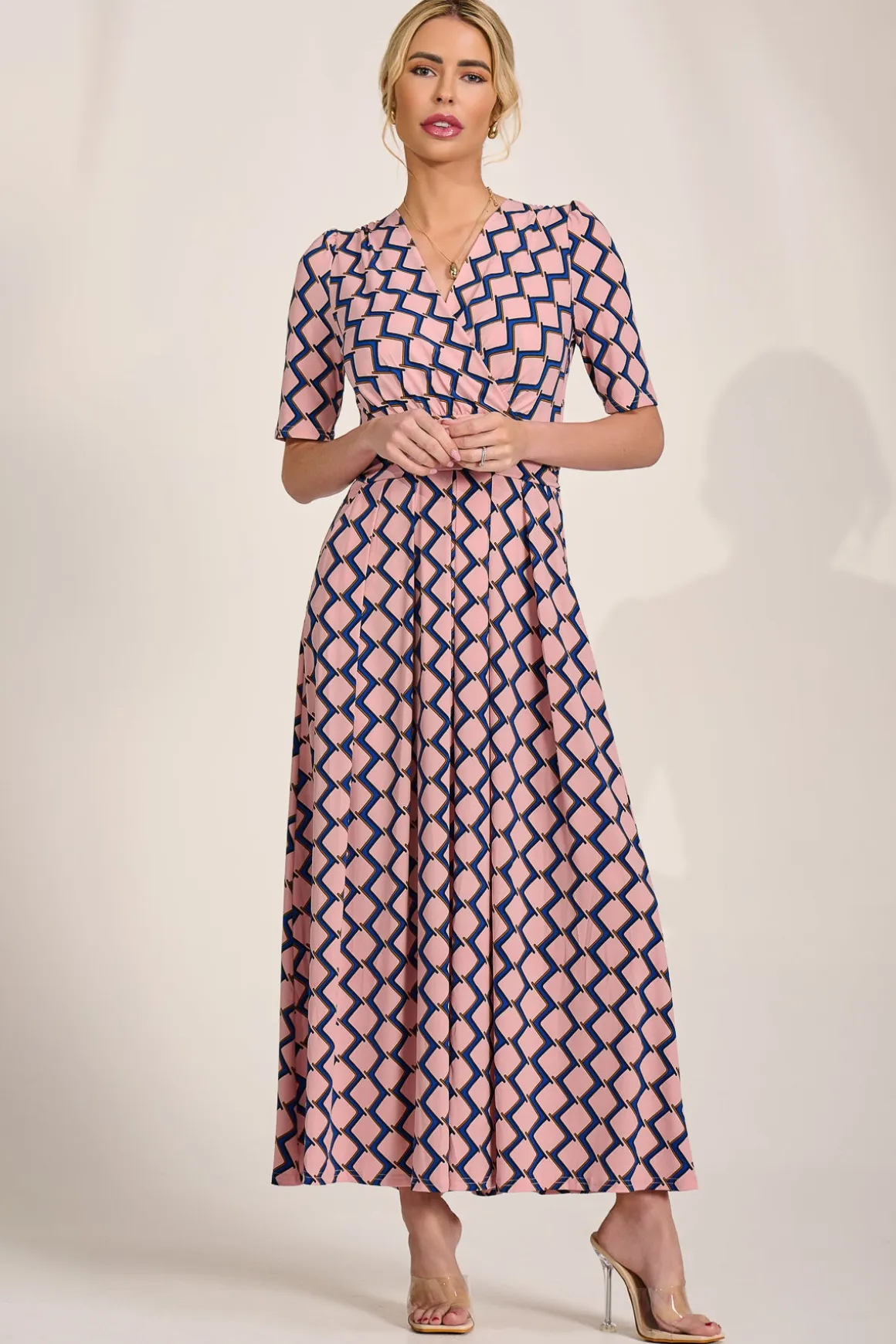 Sleeved Jersey Maxi Dress, Pink Geo
