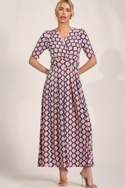 Sleeved Jersey Maxi Dress, Pink Geo