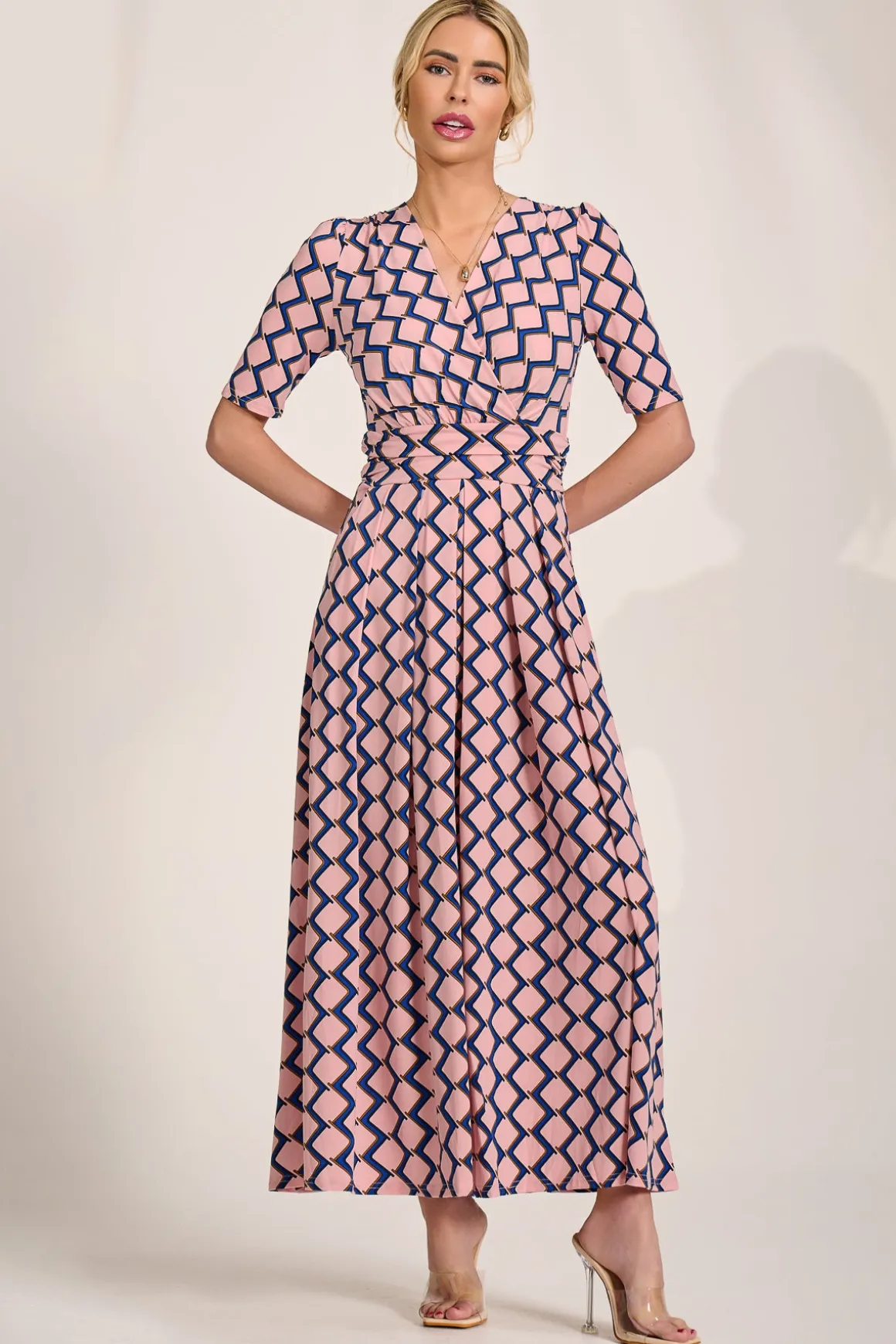 Sleeved Jersey Maxi Dress, Pink Geo
