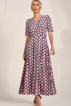 Sleeved Jersey Maxi Dress, Pink Geo