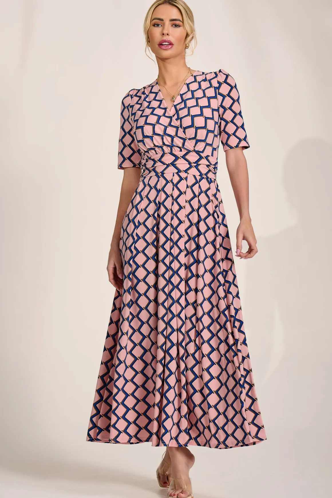 Sleeved Jersey Maxi Dress, Pink Geo