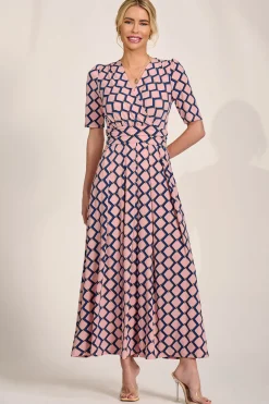 Sleeved Jersey Maxi Dress, Pink Geo