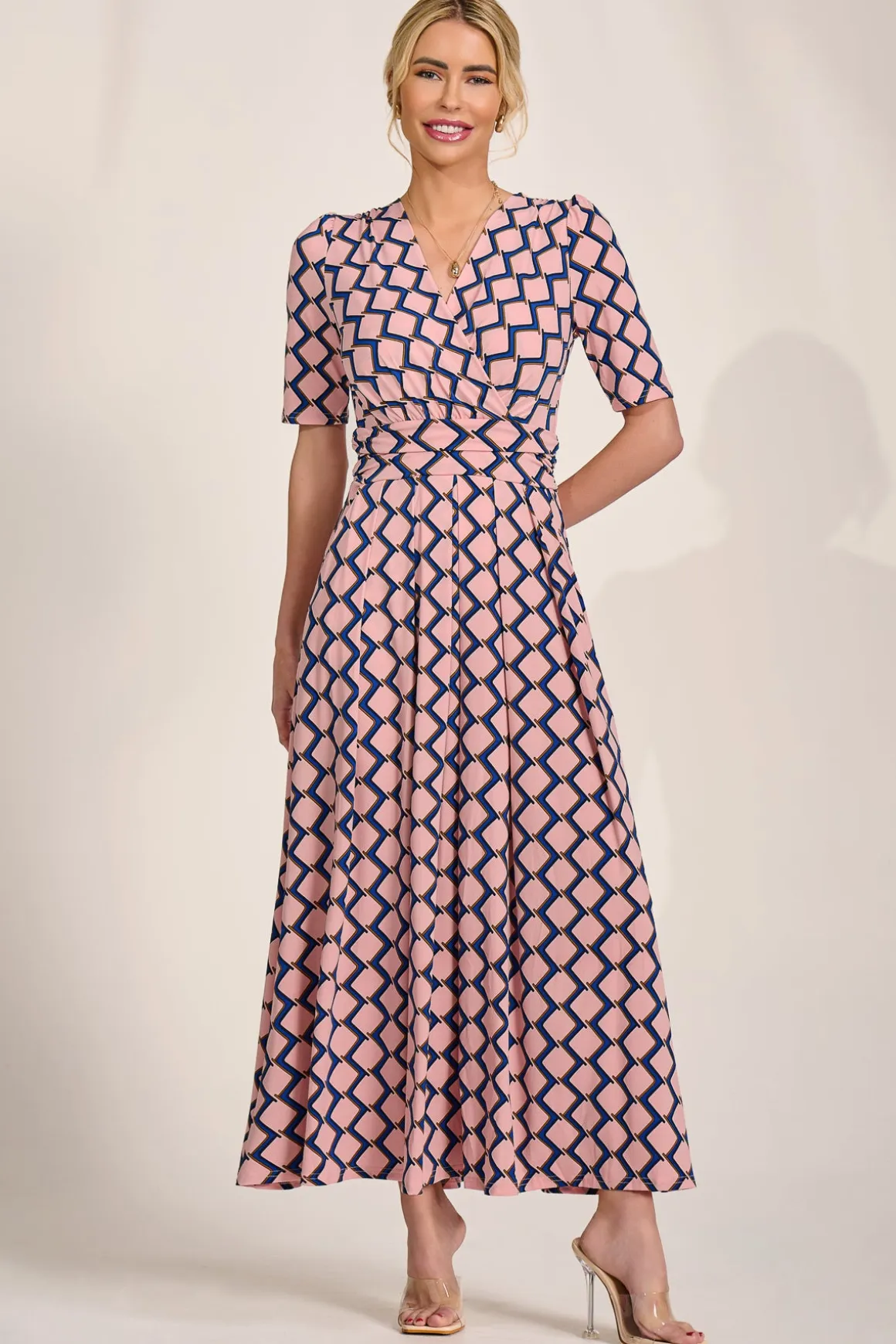 Sleeved Jersey Maxi Dress, Pink Geo