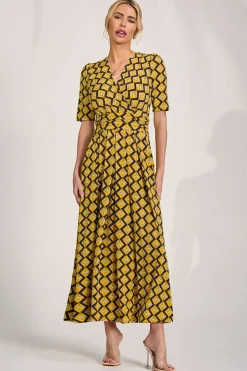 Sleeved Jersey Maxi Dress, Yellow Geo