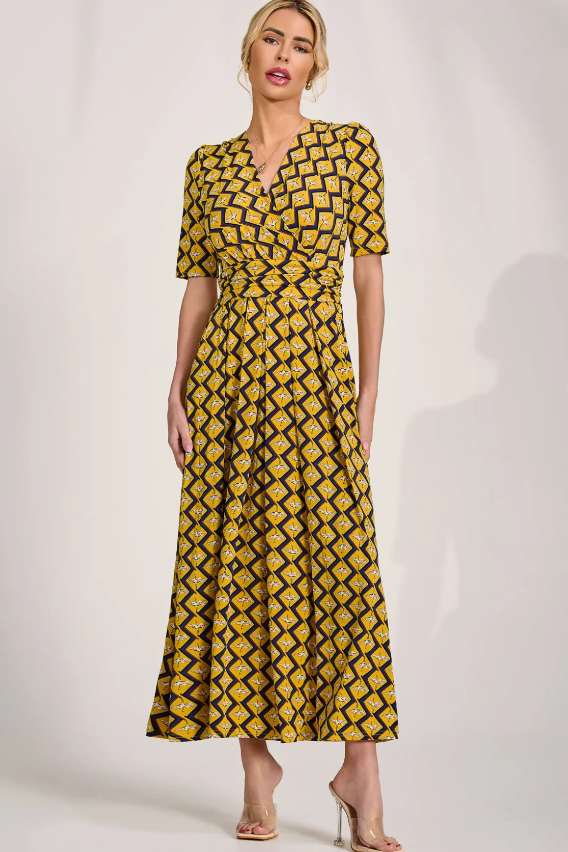 Sleeved Jersey Maxi Dress, Yellow Geo