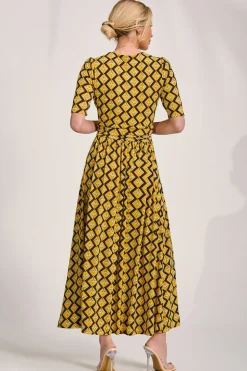 Sleeved Jersey Maxi Dress, Yellow Geo